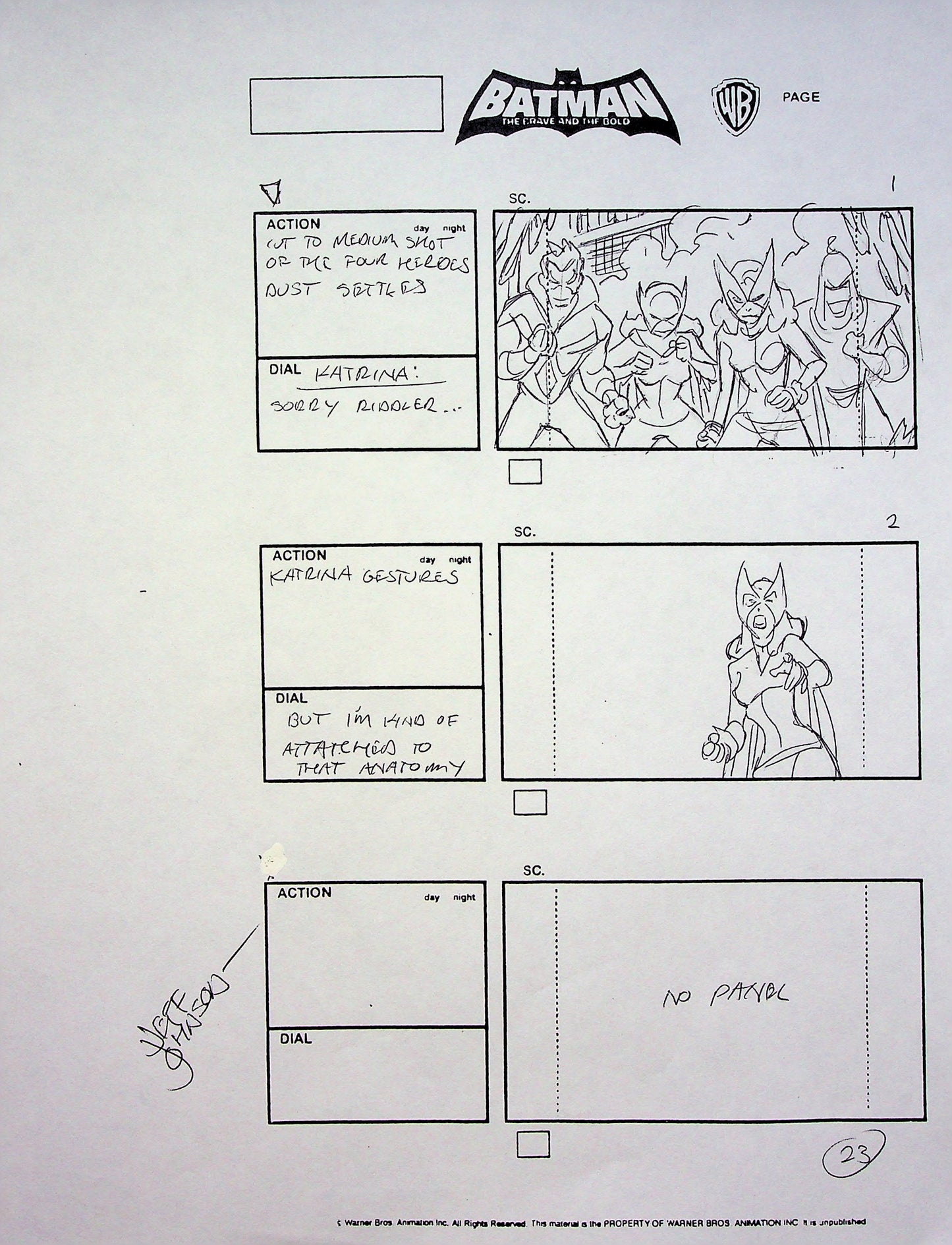 Batman: The Brave and the Bold Jeff Johnson Signed Hand Drawn Storyboard Page